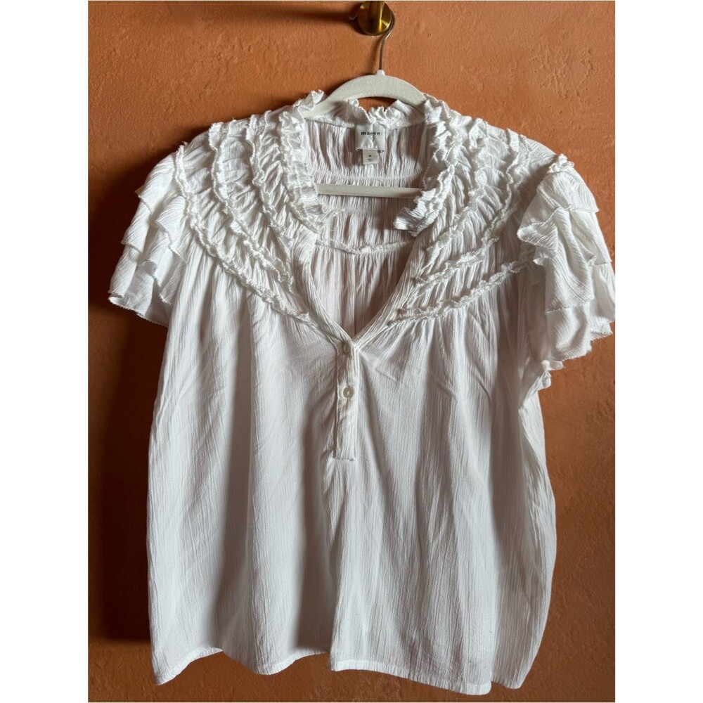 Maeve Anthropologie Ruffle Trim Peasant Blouse White Textured Boho Top Medium